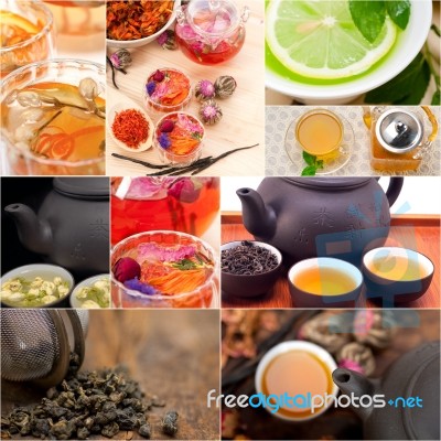 Collection Of Different Herbal Tea Infusion Collage Stock Photo