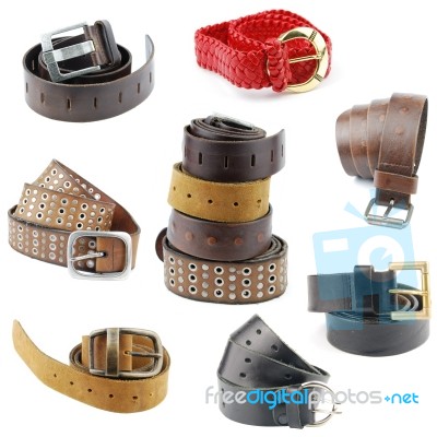 Collection Of Leather Belts On White Stock Photo