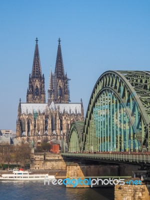 Cologne In Germany With Famous Cathedral And Bridge Stock Photo