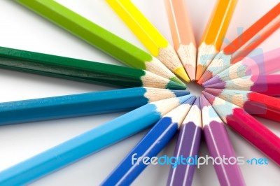 Color Pencils In Arrange In Color Wheel Colors White Background Stock Photo