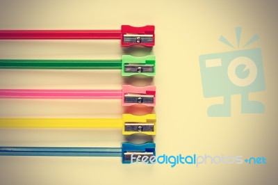 Colored Pencils And Sharpener Stock Photo