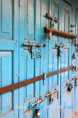 Colorful Ancient Door With Locks Stock Photo