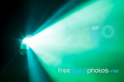 Colorful Beautiful Spotlight . Wide Lens Equipment For Show Presentation At Night . Disco Party Abstract Background . Advertisement Screen For Multimedia   Stock Photo