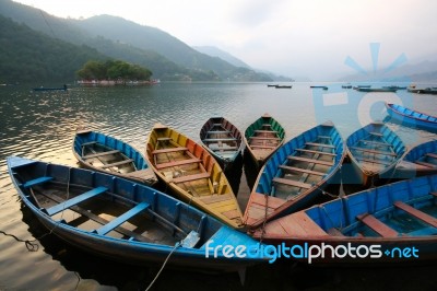 Colorful Boats In Phewa Lake, Nepal Stock Photo