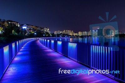 Colorful Bridge And Cityscape At Night In Korea Stock Photo