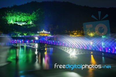 Colorful Bridge Or Wolyeonggyo Bridge At Night In Andong,korea Stock Photo