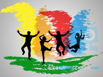 Colorful Jumping Indicates Friends Happiness And Positive Stock Image