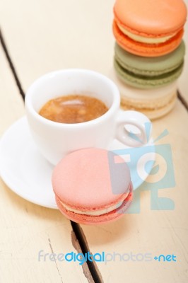 Colorful Macaroons With Espresso Coffee Stock Photo