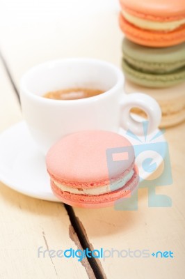 Colorful Macaroons With Espresso Coffee Stock Photo