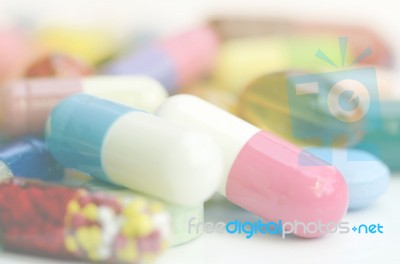 Colorful Of Oral Medications On White Background Stock Photo