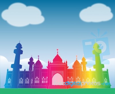 Colorful Rainbow Mosque  Under Blue Sky At Patani Stock Image