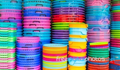 Colorful Recycled Plastic Buckets Stock Photo