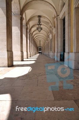 Commerce Square Arcades In Lisbon Stock Photo