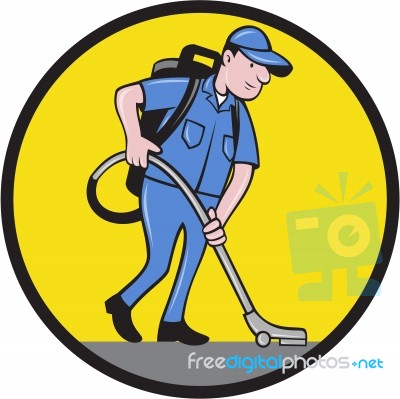 Commercial Cleaner Janitor Vacuum Circle Cartoon Stock Image