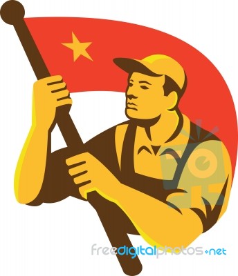 Communist Worker With Red Flag Star Retro Stock Image
