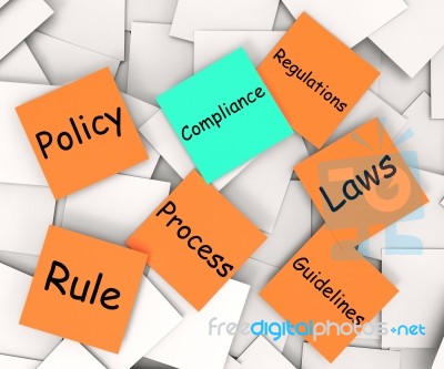 Compliance Post-it Note Shows Following Rules And Regulations Stock Image