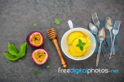 Composition Of Ice Cream Passion Fruit Flavor In Vintage Bowl Se… Stock Photo