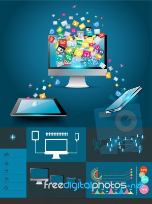 Computer With Mobile Phones Colorful Application Stock Image