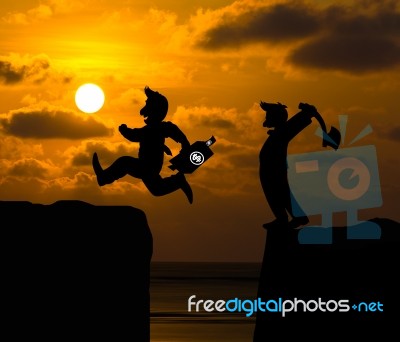 Concept Cartoon Silhouette, Man Hold Axe And  Man Jumping Over P… Stock Image