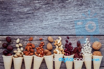 Concept For Homemade Various Nuts Ice Cream. Mixed Nuts In Waffl… Stock Photo