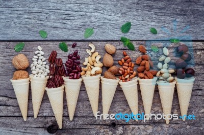 Concept For Homemade Various Nuts Ice Cream. Mixed Nuts In Waffl… Stock Photo