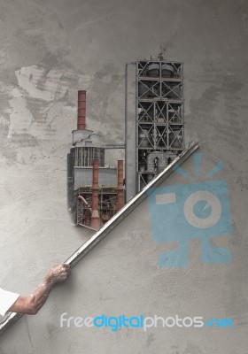 Concept,worker Plastering At Wall Become Of Factory Stock Photo