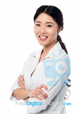 Confident Smiling Pretty Girl Posing Sweetly Stock Photo