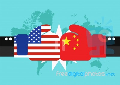 Conflict Between Usa And China With World Map Background Stock Image