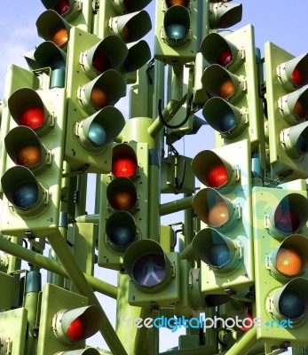 Confusing Traffic Signals At A Busy Intersection Stock Photo