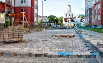 Construction Of A New Modern Road With Paving Slabs Stock Photo
