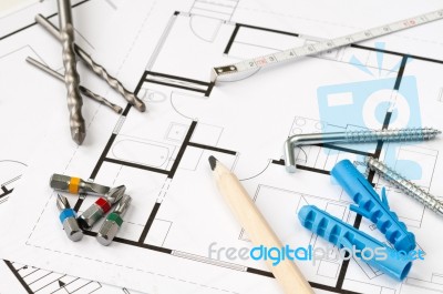 Construction Plan Tools Stock Photo