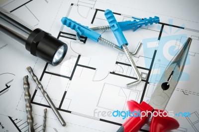 Construction Plan Tools Stock Photo