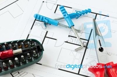 Construction Plan Tools Stock Photo