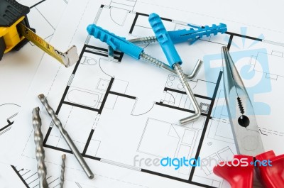 Construction Plan Tools Stock Photo