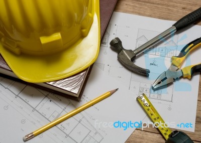 Construction Plan With Tools Stock Photo
