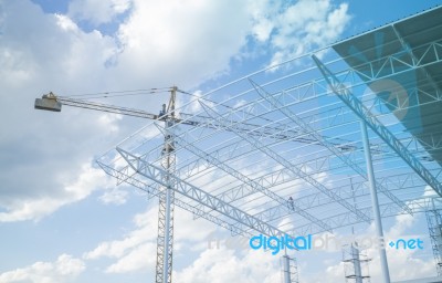 Construction Site With Cranes On Blue Sky Stock Photo