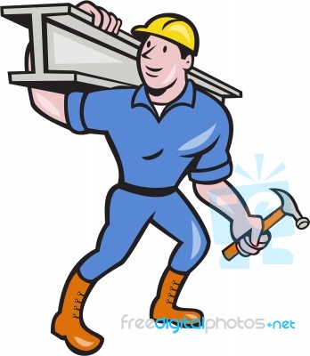 Construction Steel Worker Carry I-beam Cartoon Stock Image