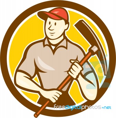 Construction Worker Holding Pickaxe Circle Cartoon Stock Image