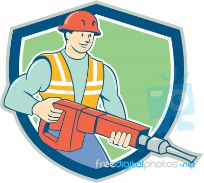 Construction Worker Jackhammer Shield Cartoon Stock Image