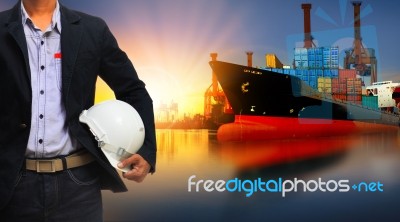 Container Ship In Import,export Port Against Beautiful Morning Light Of Loading Ship Yard Use For Freight And Cargo Shipping Vessel Transport Stock Photo