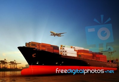 Container Ship In Import,export Port Against Beautiful Morning Light Of Loading Ship Yard Use For Freight And Cargo Shipping Vessel Transport Stock Photo