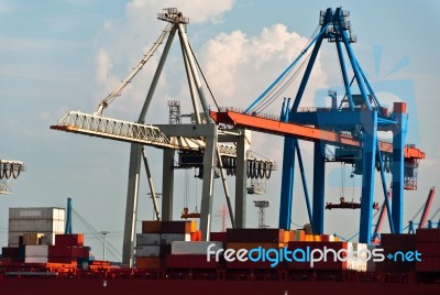 Container Terminal In Hamburg Harbor, Germany Stock Photo