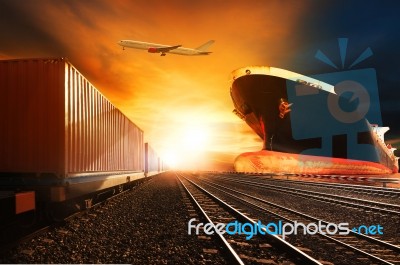 Container Trains ,commercial Ship On Port Freight Cargo Plane Fl… Stock Photo