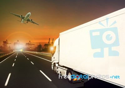 Container Truck And Cargo Plane And Logistic Industry Background… Stock Photo