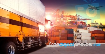 Container Truck In Shipping Port ,container Dock And Freight Cargo Plane Flying Above Use For Transportation And Logistic Indutry Stock Photo