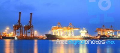 Containers Loading At Sea Trading Port Panorama Stock Photo