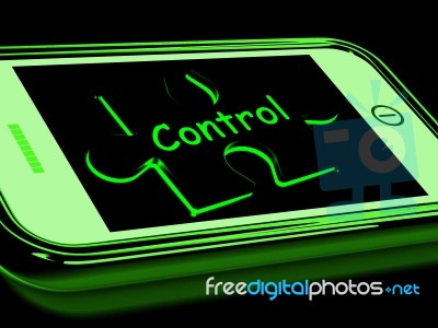 Control On Smartphone Shows Remote Controlling Stock Image