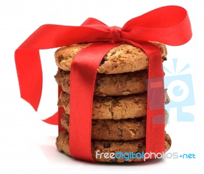Cookies With Red Ribbon Isolated On White Stock Photo