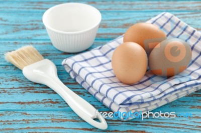 Cooking Eggs Blush Cup Napery Kitchen Wood Teak Vintage Still Life Stock Photo