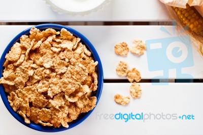 Cornflakes In A Blue Bowl Stock Photo